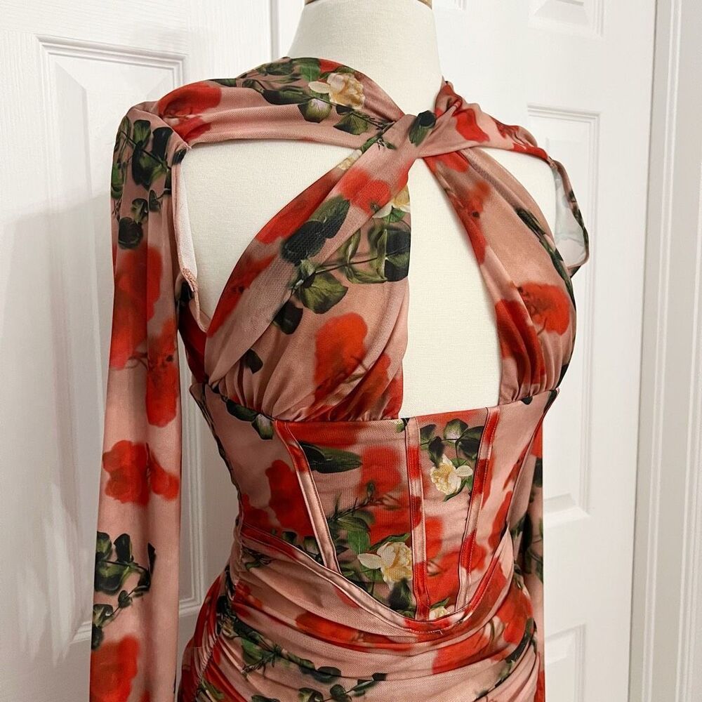 House of CB Womens Floral Ruched Long Sleeve Bodycon Corset Dress Size Small - Picture 2 of 9